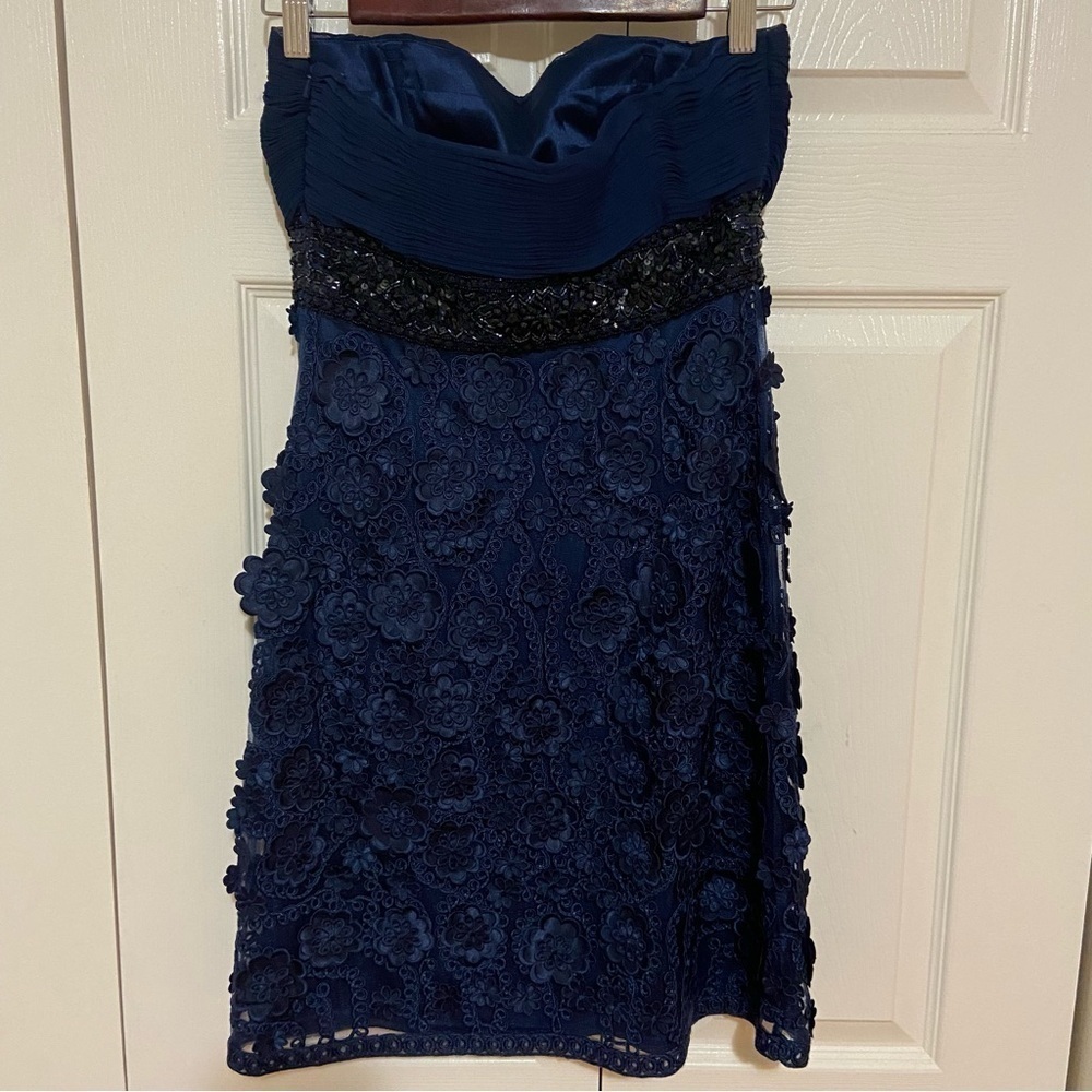 Sue Wong Beaded Embroidered Floral Strapless Navy Blue Mini Dress Size 4 - Picture 11 of 14